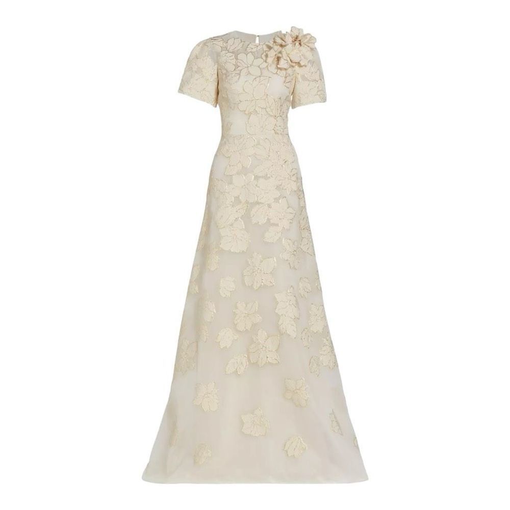 ❌❌ Sold Teri Jon by Rickie Freeman Ivory and Gold Floral Jacquard A-line Gown - Picture 3 of 12